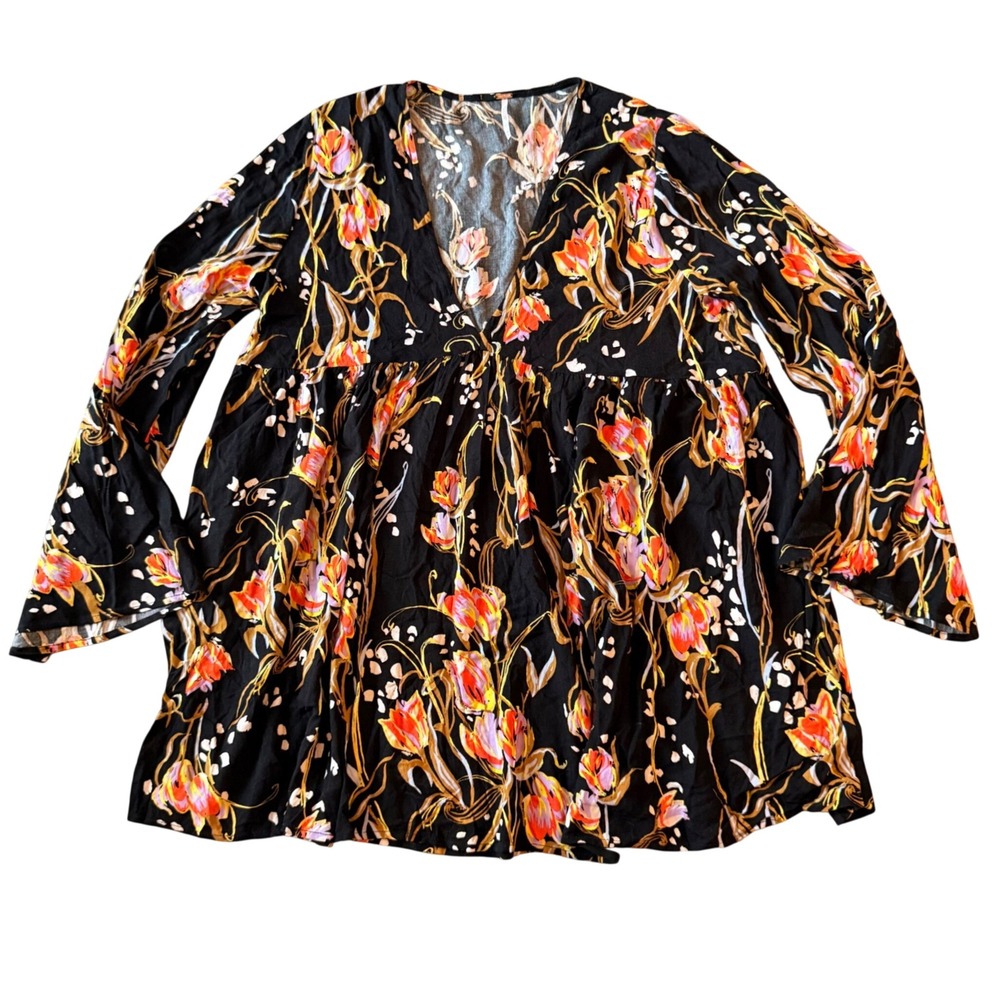 Free People Womens Black Floral Boho Botanica Print Bouse Medium Bell Sleeve Top